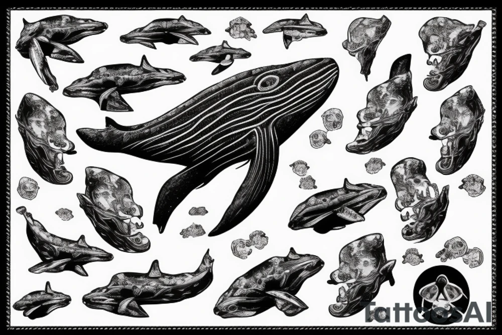 humpback whale revealing some of its skeleton floating in space with skulls and milky way tattoo idea