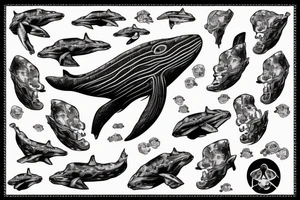 humpback whale revealing some of its skeleton floating in space with skulls and milky way tattoo idea