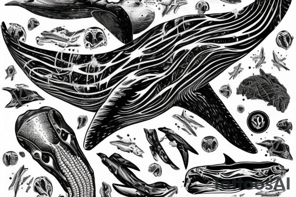 humpback whale revealing some of its skeleton floating in space with skulls and milky way tattoo idea