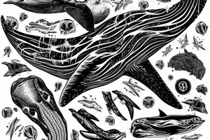humpback whale revealing some of its skeleton floating in space with skulls and milky way tattoo idea