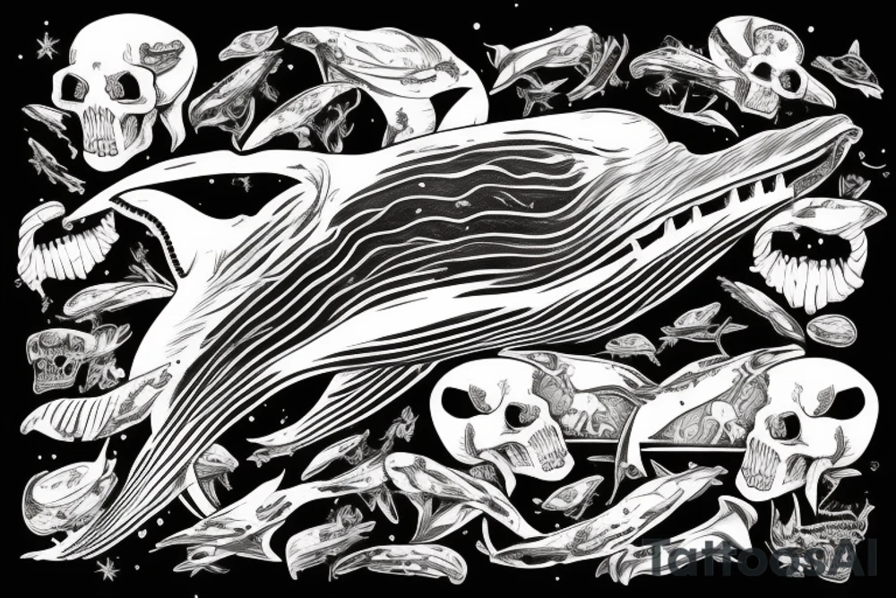 humpback whale revealing some of its skeleton floating in space with skulls and milky way tattoo idea