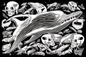 humpback whale revealing some of its skeleton floating in space with skulls and milky way tattoo idea