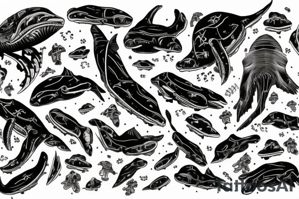 humpback whale revealing some of its skeleton floating in space with skulls and milky way tattoo idea