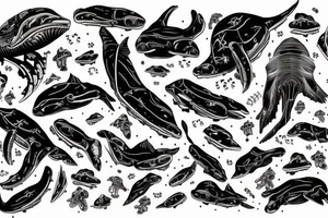 humpback whale revealing some of its skeleton floating in space with skulls and milky way tattoo idea
