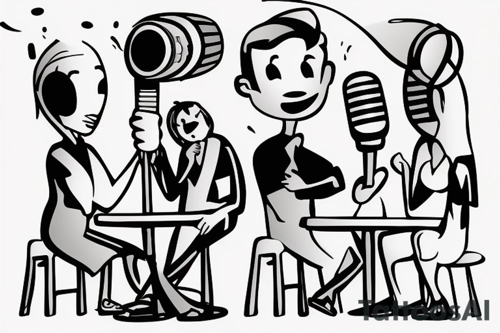 Three people are sitting at a table in front of a microphone tattoo idea