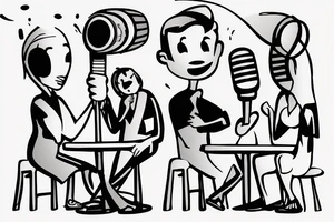 Three people are sitting at a table in front of a microphone tattoo idea