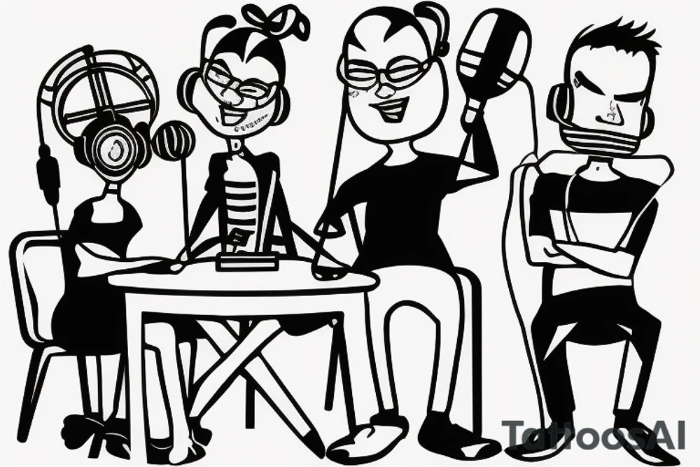 Three people are sitting at a table in front of a microphone tattoo idea