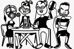 Three people are sitting at a table in front of a microphone tattoo idea