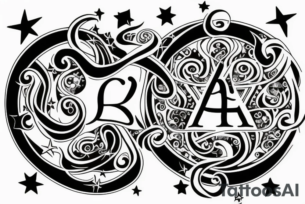 Leo zodiac symbol with stars and swirls with the initials of EEM tattoo idea Leo zodiac symbol with stars and swirls with the initials of EEM tattoo idea