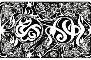 Leo zodiac symbol with stars and swirls with the initials of EEM tattoo idea