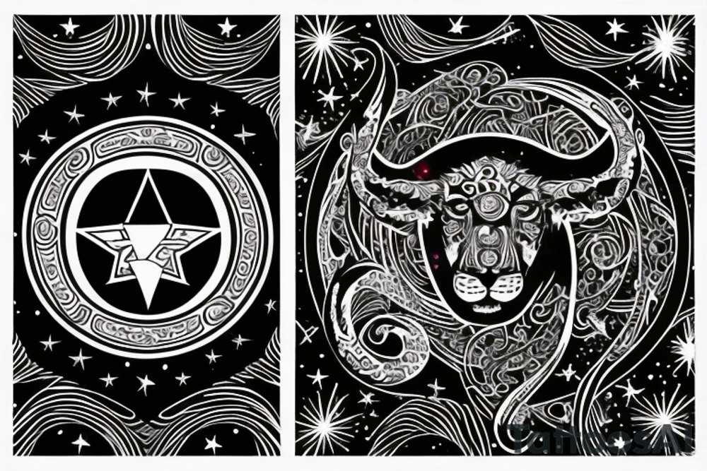 Leo zodiac symbol with stars and swirls with the initials of EEM tattoo idea