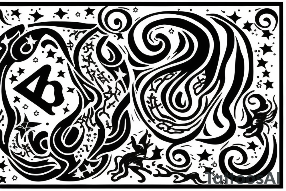 Leo zodiac symbol with stars and swirls with the initials of EEM tattoo idea