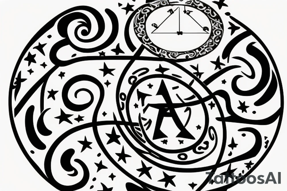 Leo zodiac symbol with stars and swirls with the initials of EEM tattoo idea