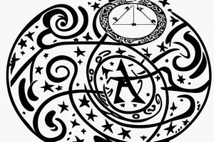 Leo zodiac symbol with stars and swirls with the initials of EEM tattoo idea