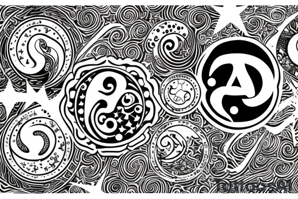 Leo zodiac symbol with stars and swirls with the initials of EEM tattoo idea