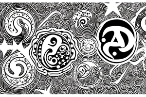 Leo zodiac symbol with stars and swirls with the initials of EEM tattoo idea