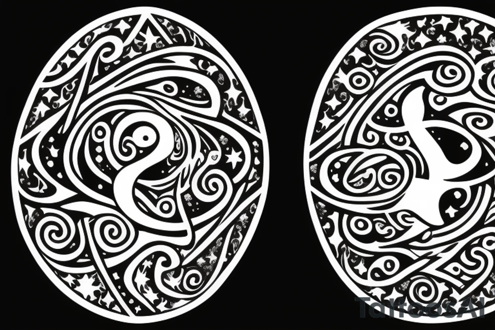 Leo zodiac symbol with stars and swirls with the initials of EEM tattoo idea