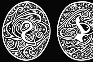 Leo zodiac symbol with stars and swirls with the initials of EEM tattoo idea