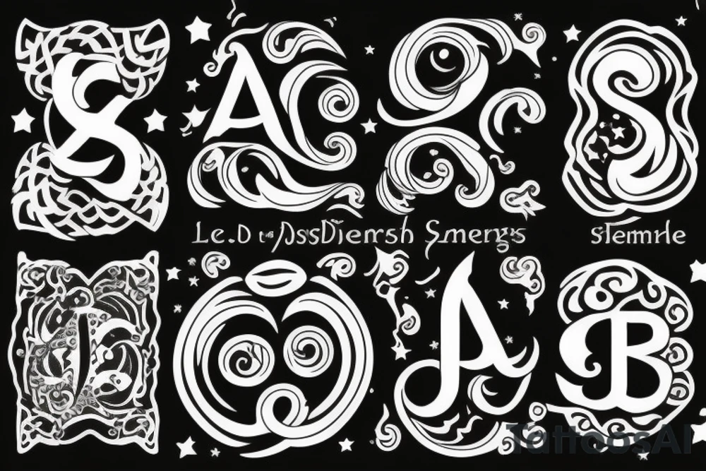Leo zodiac symbol with stars and swirls with the initials of EEM tattoo idea
