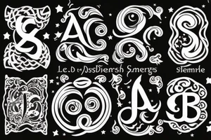 Leo zodiac symbol with stars and swirls with the initials of EEM tattoo idea