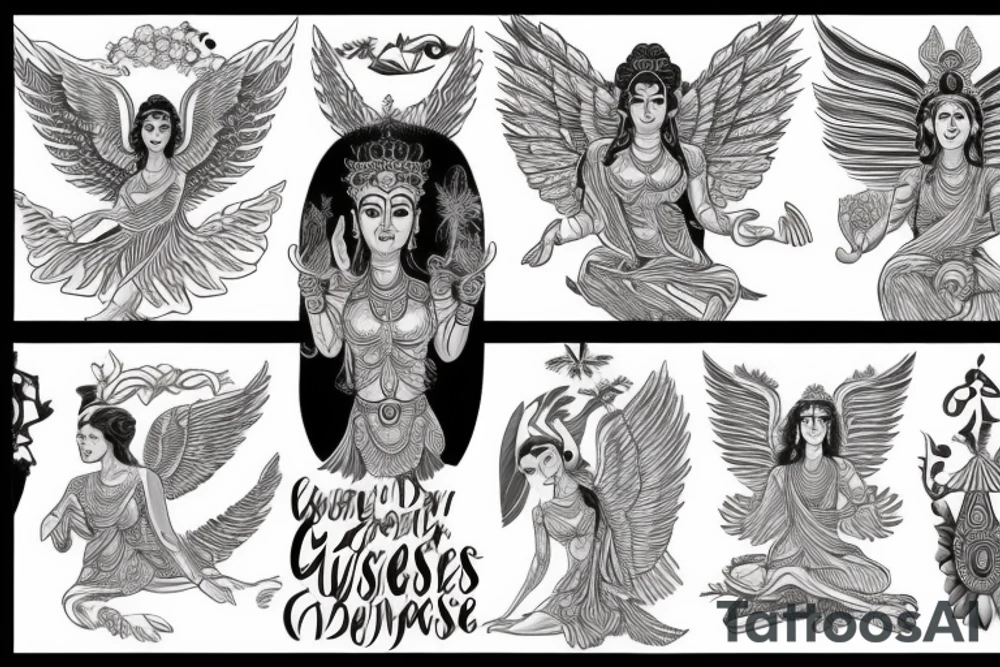 a greek godess with wings standing on a plane fighting with budha tattoo idea