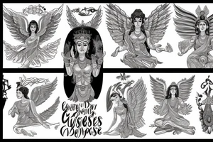 a greek godess with wings standing on a plane fighting with budha tattoo idea