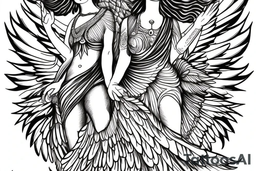 a greek godess with wings standing on a plane fighting with budha tattoo idea