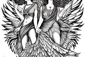 a greek godess with wings standing on a plane fighting with budha tattoo idea