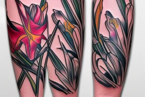 Gladiola climbing up back of leg tattoo idea