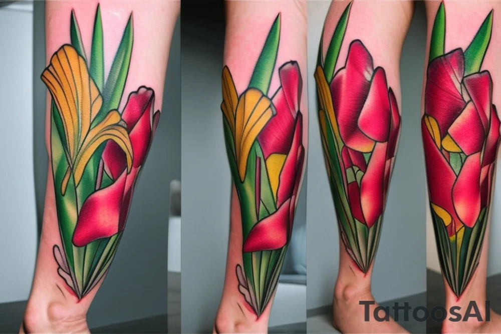 Gladiola climbing up back of leg tattoo idea