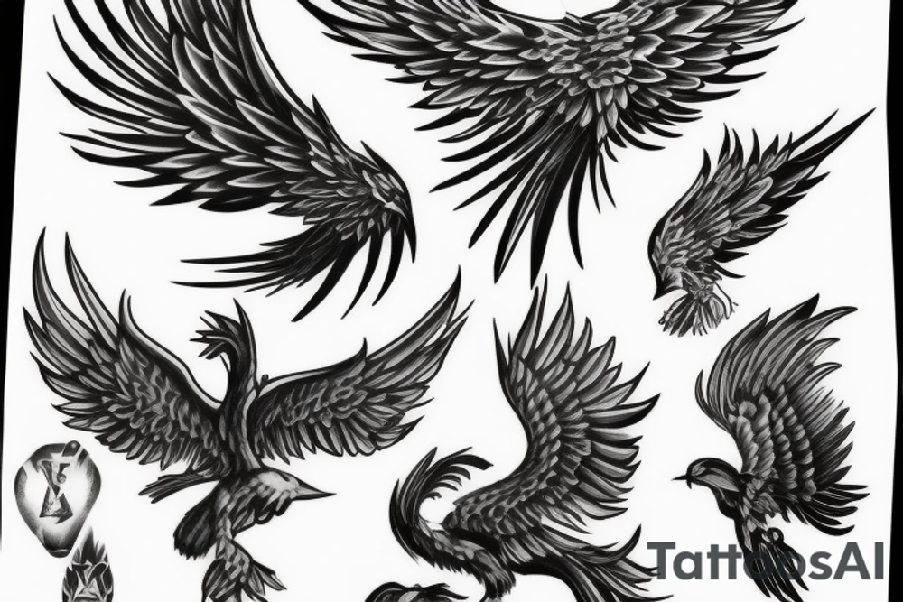 flying phoenix turning to ashes tattoo idea