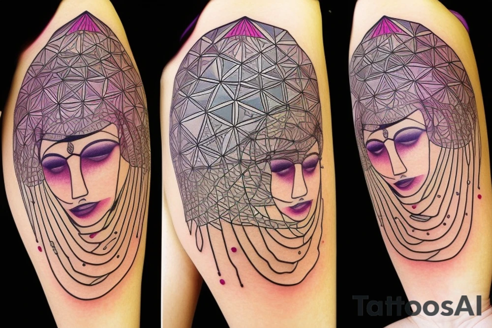 Full color Women portrait with sacred geometry background tattoo idea
