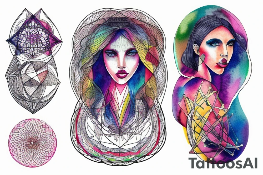 color Women portrait with sacred geometry background tattoo idea