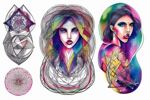 color Women portrait with sacred geometry background tattoo idea