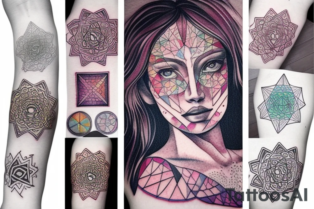 color Women portrait with sacred geometry background tattoo idea