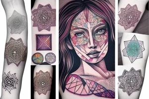 color Women portrait with sacred geometry background tattoo idea