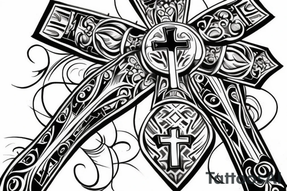 a shoulder piece designed to accentuate a cross already in place tattoo idea