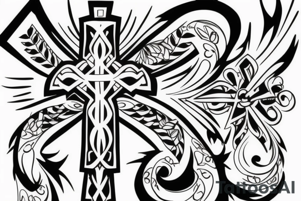 a shoulder piece designed to accentuate a cross already in place tattoo idea