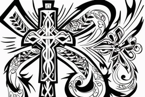 a shoulder piece designed to accentuate a cross already in place tattoo idea