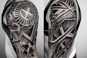 a shoulder piece designed to accentuate a cross already in place tattoo idea