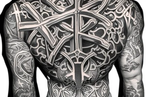 a shoulder piece designed to accentuate a cross already in place tattoo idea
