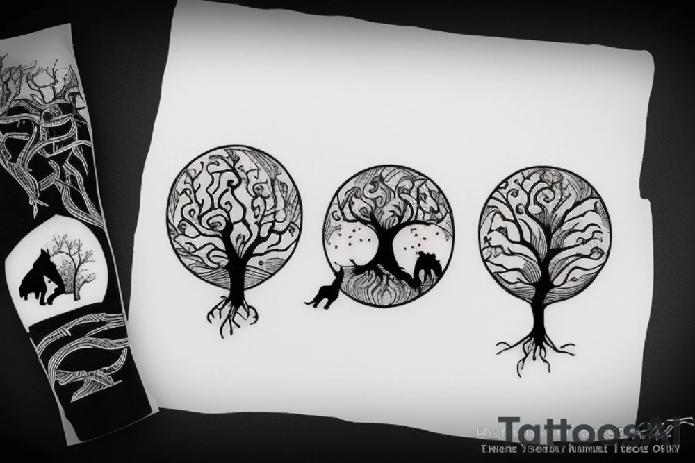 Shoulder and arm tattoo of tree of life with 2 wolf pups in the roots of the tree tattoo idea
