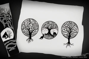 Shoulder and arm tattoo of tree of life with 2 wolf pups in the roots of the tree tattoo idea