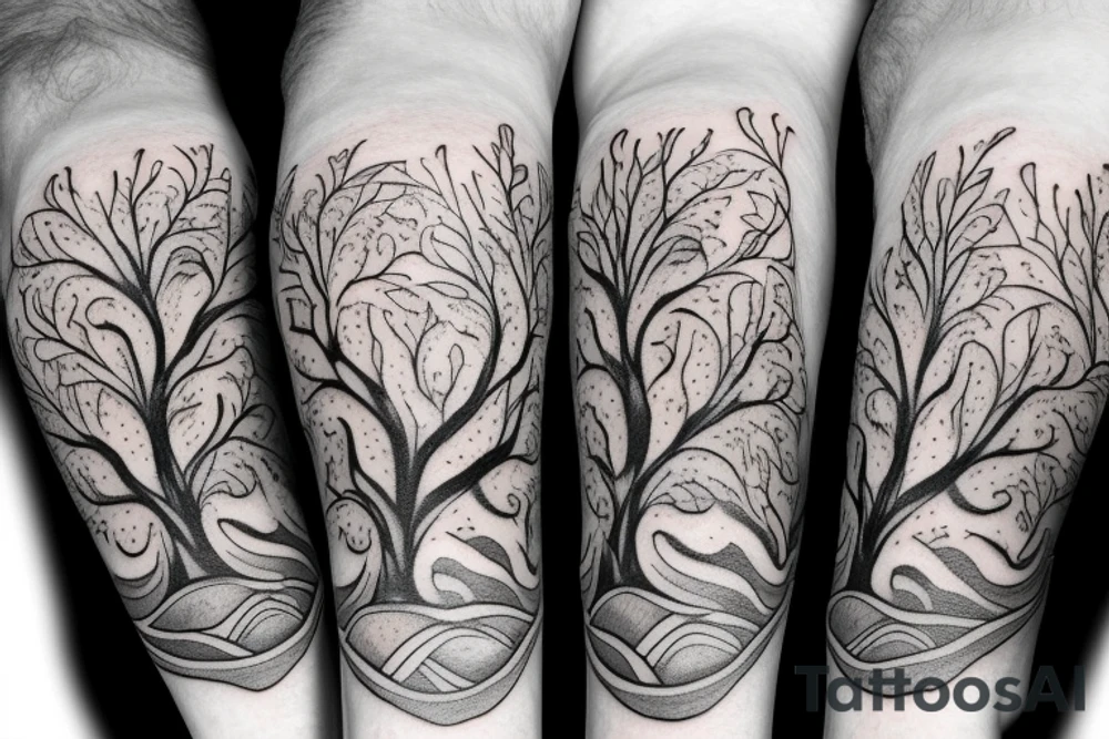 Shoulder and arm tattoo of tree of life with 2 wolf pups in the roots of the tree tattoo idea