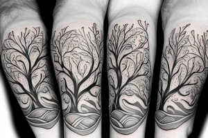 Shoulder and arm tattoo of tree of life with 2 wolf pups in the roots of the tree tattoo idea