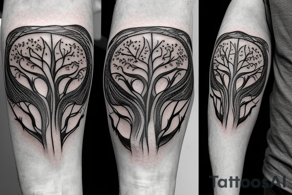 Shoulder and arm tattoo of tree of life with 2 wolf pups in the roots of the tree tattoo idea