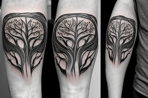 Shoulder and arm tattoo of tree of life with 2 wolf pups in the roots of the tree tattoo idea