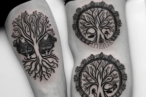 Shoulder and arm tattoo of tree of life with 2 wolf pups in the roots of the tree tattoo idea