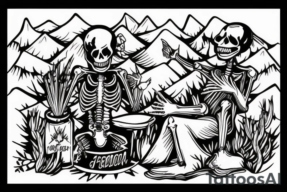 Skeleton talking to a human at a campfire tattoo idea