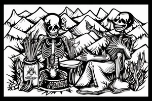 Skeleton talking to a human at a campfire tattoo idea